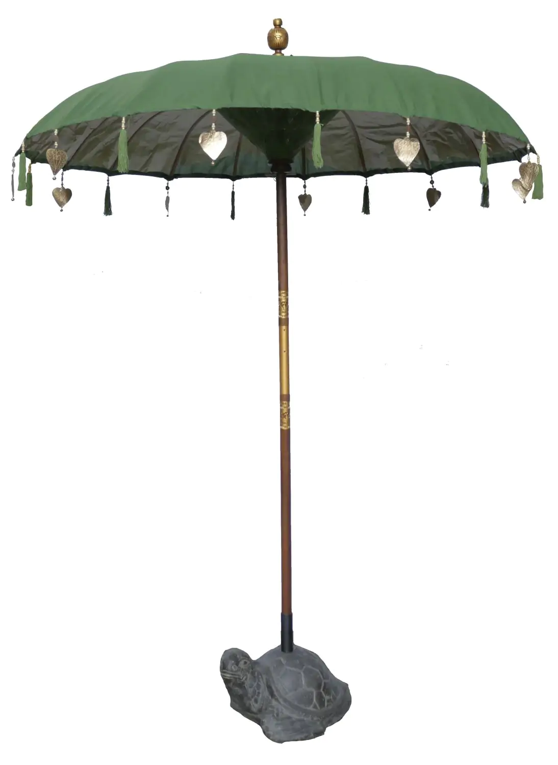  Product image 1 of the product “Bali umbrella, Moss with wooden coins and gold leaves hanging around the edge. Approx. 190cm dia. and 250cm height ”